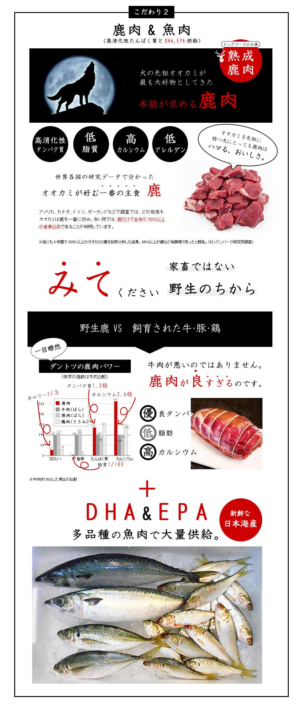 こだわり１　鹿肉＆魚肉（高消化性たんぱく質とDHA、EPA供給）