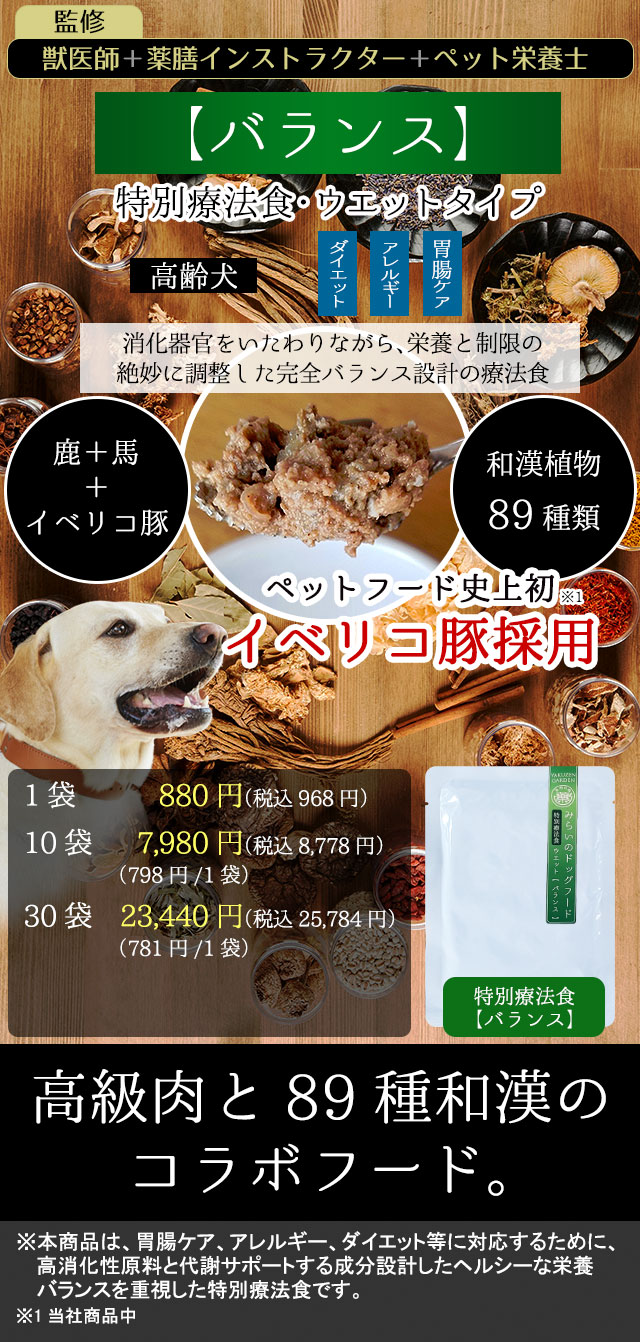 高齢犬、シニア、ダイエット、アレルギー、胃腸ケア等対応の特別療法食ウエットフード～和漢みらいのドッグフード【バランス】